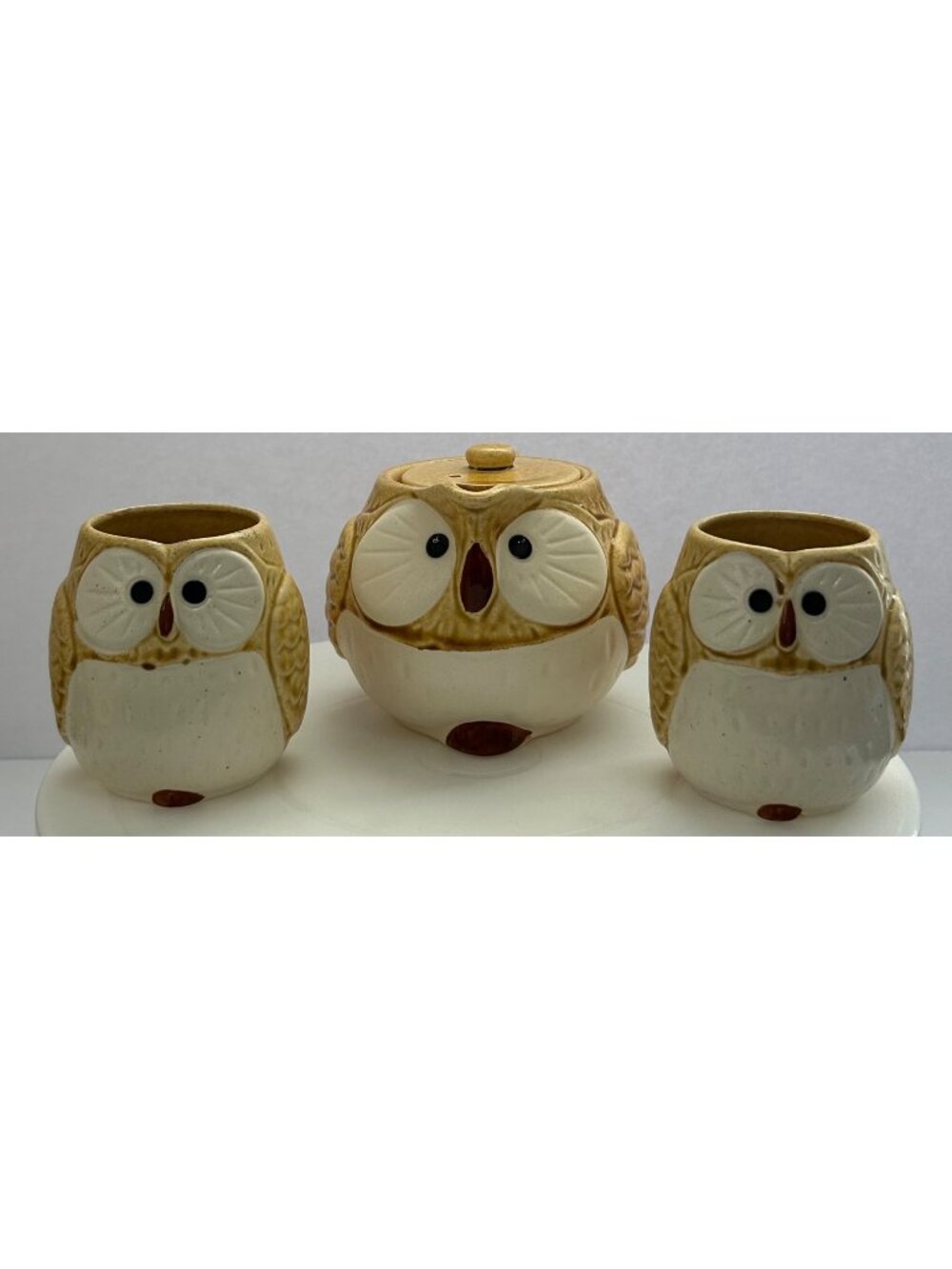 Vintage Mino Kotobuki Owl Ceramic Teapot w/ Diffuser 2 Matching Cups Tan & White - Picture 1 of 10